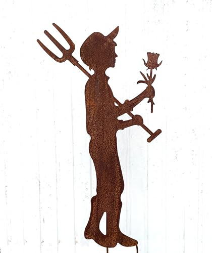 Gartenfigur Gärtner Fritz mit Spatengabel und Rose 100x57cm zum Stecken Gartenstecker Edelrost Gartendeko Wetterfest Rost Metall Rostfigur von Steinfigurenwelt