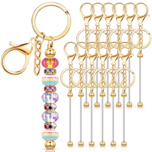 Asyduey 12 Pcs Beadable Keychain Bars for Beads Blank Keychain Beaded Keychain for Keychain DIY Projects Pendant Gold Easy to Use