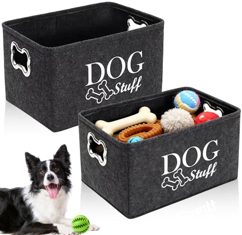 UOSIWYA 2 PCS Dog Toy Box Basket, Foldable Cat Toy Boxs Stuff Storage Baskets with Metal Handle Large Felt Storage Box for Pet Toys Clothes Accessory (38x27x25cm)