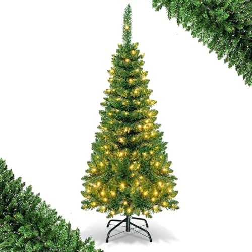 SFAREST 4.5FT/5FT/6FT/6.5FT Slim Pre-lit Christmas Tree, Pencil Xmas Tree With Warm White LED Lights, Realistic Fir & Solid Metal Stand, Holiday Christmas Decorations for Home Business Shops (4.5FT)