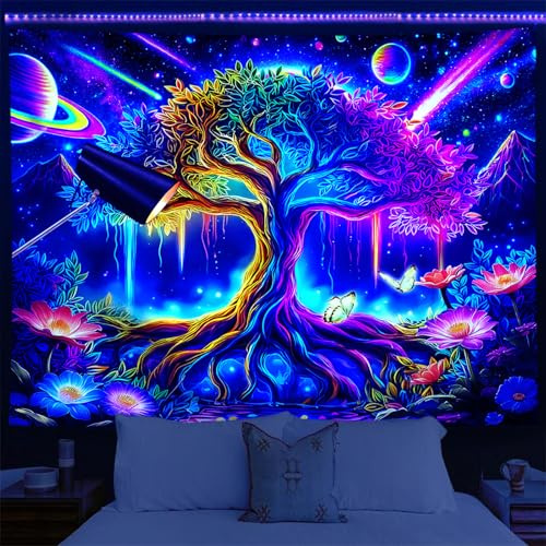 Yosugar Schwarzlicht Lebensbaum Wandteppich,UV Reaktiv Wandteppich Wandbehang,Galaxie Weltraum Wandteppich für Schlafzimmer Wohnheim Party Deko (150L x 130B cm)