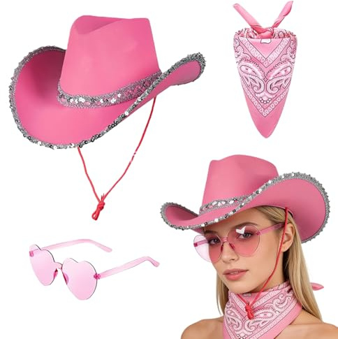 KDFSSIPE Cowgirl Chapeau 3 Pièces, Set chapeau de cowboy western, Chapeau western à bord argenté, Avec Lunettes et Bandeau Cosplay Masquerade Costume Halloween Dress Up (Rose)