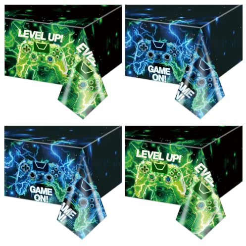 4 Stück Videospiel-Tischdecken, grün und blau, Dekoration für Spiel-Geburtstagsfeiern, Tischdecke für Kinder-Gaming-Abende, Geburtstagsfeier-Zubehör, 130 x 220 cm
