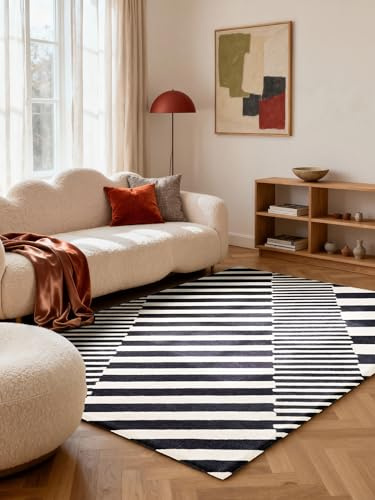 Elle Decoration Wollteppich Flux - Geometrisch, gestreifter Wohnzimmerteppich, 100% Wolle, Handgewebt & Natürlich, Moderner Naturfaser Teppich für Wohnzimmer, Schlafzimmer – Schwarz Weiß, 120x180 cm