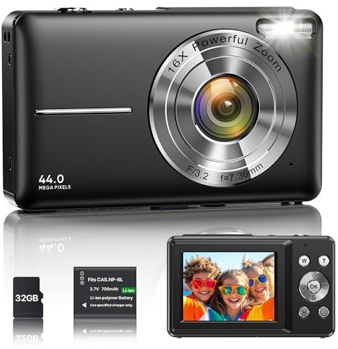 Digitalkamera 1080P 44MP Vlogging Kamera für Kinder Jugendliche, FHD Kompaktkamera Fotokamera mit 2,4 Bildschirm 16X Zoom, Anti-Shake Minikamera für Anfänger Studenten Jungen Mädchen-Schwarz