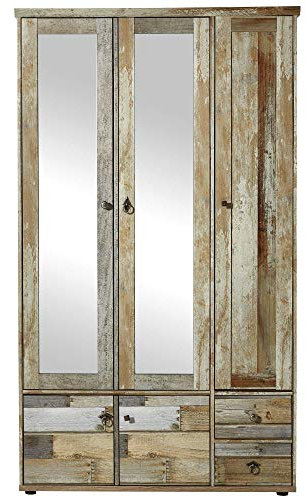 Stella Trading Bonanza Vintage Garderobenschrank in Driftwood Optik - Retro Flurgarderoben Schrank mit zwei Spiegeltüren - 108 x 188 x 40 cm (B/H/T)