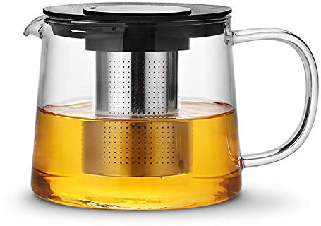 TAMUME 1000ml Boroscilikat Glas Teekanne mit Edelstahl-Sieb und Flachem Deckel mit Sperren Entwurf (1000ml Verschlussdeckel)