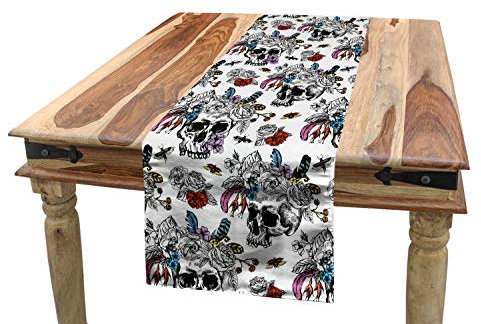 ABAKUHAUS gotisch Tischläufer, Tag des Toten Schädels, Esszimmer Küche Rechteckiger Dekorativer Tischläufer, 40 x 225 cm, Schwarz Weiß Lila