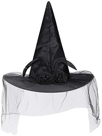 IBLUELOVER Hexenhut Zauberer Hut mit Schleier Augapfelbrille Tassel Halloween Kostüm Zombie Hexe Cosplay Karneval Party Verformbarer Kappe Schwarz Hexenmeister Zubehör für Damen Herren