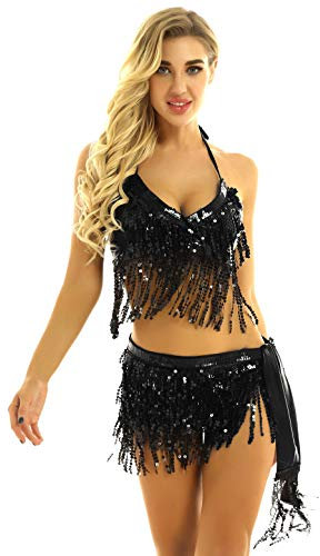 FEESHOW Frauen Bauchtanz Kostüm Pailletten Neckholder BH Fransen Tuch Wickelrock/Shorts Set Tanzanzug Stangentanz Nachtclub Outfits Schwarz One Size