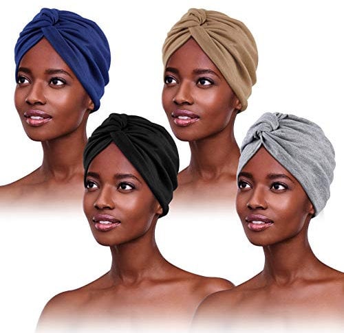 PHOGARY 4 Stücke Turban für Damen,Verknotet Turban Tuch Falten-Kopfbedeckung Damen Kopftuch Sommer Turban Mütze Damen Chemo Kopfbedeckung Hut Für Haarverlust Chemo Mit Blume, 4 Farben