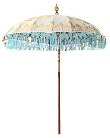 Oriental Galerie Sonnenschirm Bali Schirm 180 cm Türkis Gold Bemalung Fransen Gartenschirm Baumwolle Sonnenschutz Handarbeit Dekoschirm Model Emlia