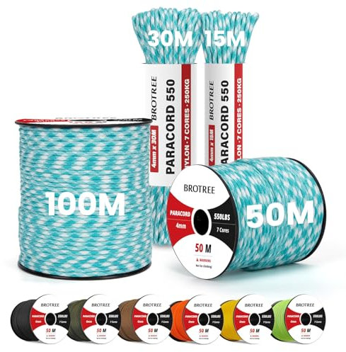 Brotree 4mm Paracord 550 7 Hebras Cuerda de Nylon 15M Tipo III Cuerda de Paracaídas para Supervivencia, Al Aire Libre, Bricolaje - 250kg Carga de Rotura (Cielo)