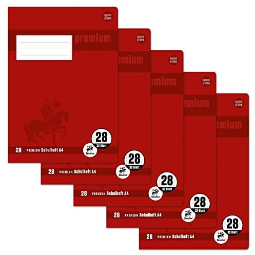 Staufen Premium Schulheft - DIN A4, Lineatur 28 (5mm kariert mit Randlinie), 32 Blatt, 90g/m² Premium Papier, 5 Stück