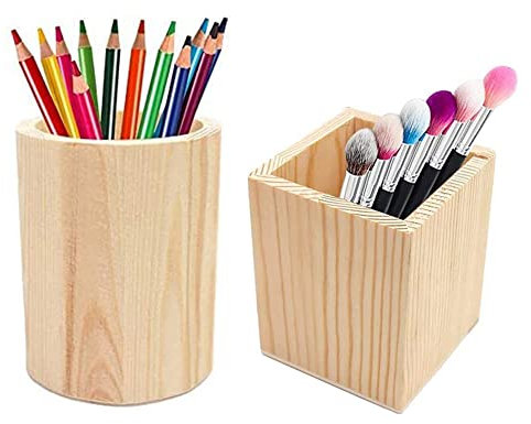TTBDDM 2 Pièces Porte-Stylos En Bois, Pots à Crayons en Bois Géométriques, Rond et Carré Pot à Crayons En Bois Porte, Stylo Crayon Support Organiseur, pour Ranger Stylos, Crayons et Petits Objets