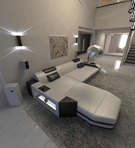 Ledersofa Prato L Form Sofa - mit LED Beleuchtung, verstellbare Kopfstützen, Recamiere/Lederfarben wählbar/Ausrichtung wählbar (Ottomane Links, Weiß-Schwarz)