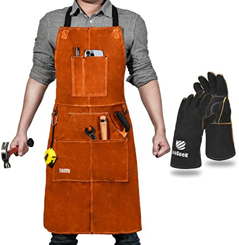 Schweißerschürze aus Leder – Hitzebeständige & Flammhemmende Schwere Arbeitsschürze mit 6 Taschen, Extra Groß & Langer Riemen, Einstellbare Schutzkleidung von M bis XXXL