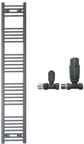 400mm Wide Straight Anthracite Grey Heated Bathroom Towel Rail Radiator With Valves For Central Heating UK (With TRV Straight Valves, 400 x 1700 mm (h))
