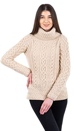 SAOL Aran Irisch Sweater für Damen aus 100% Merinowolle Irland Fisherman Zopfmuster Damen Pullover