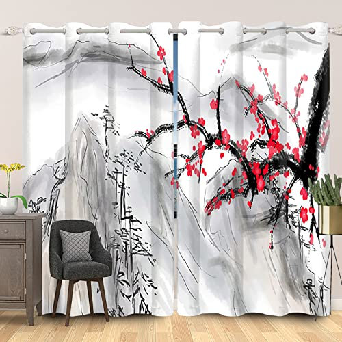 SDOTPMT 53x160cm Abstrakt Berg Rot Kirsche Blüte Fenstervorhang Japanisch Tuschemalerei vorhänge Orientalisch Traditionell Blickdichte Vorhänge für Wohnzimmer Verdunkelung Vorhänge, 2 Stücke