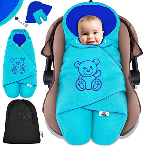 KIDIZ® Baby Einschlagdecke Winter mit Kapuze +Tasche Babyeinschlagdecke Universal für Babyschale, Autositz, z.B. für Maxi-Cosi, Römer für Buggy Babybett Kinderwagen & alle Gurtsysteme 3 & 5-Punkt Gurt
