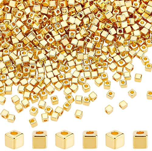 DICOSMETIC 1500 Stück Kunststoff Zwischenperlen 3mm Würfel Perlen 3mm Kleine Quadratische Perlen Golden Lose Perlen Schmuckperlen Set Für DIY Schmuckherstellung, Bohrung: 1.2mm