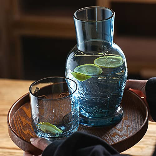 KAYKAI Bedside Water Carafe and Glass Set, 750ML Blue Vintage Pitcher with Glass Cup