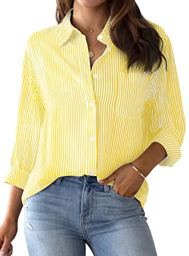 NONSAR - Camicetta da donna, elegante, a maniche lunghe, con bottoni, casual, da ufficio, da lavoro, in cotone, giallo., S