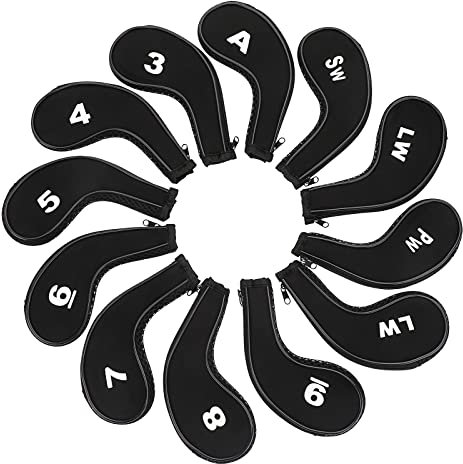 IGNPION Set of 12 Golf Iron Head Covers Club Heads Protector Wedge Headcovers Long Neck with Zip (Black + Black)