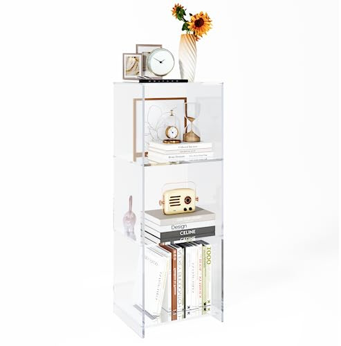invisibiliter Acryl-Bücherregal, 3 Etagen, transparent, bodenstehend, Bücherregal, 80 cm hoch, Vitrine, Würfel, Aufbewahrungsregal, Heimdekoration, Möbel für Zuhause, Büro, Wohnzimmer, Schlafzimmer
