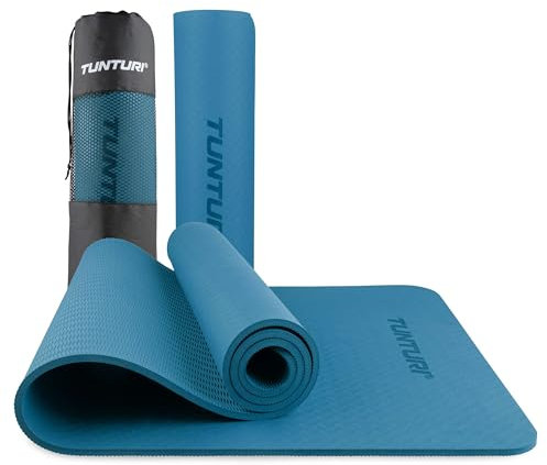 Tunturi Dicke Yogamatte 8mm - Rutschfest Gymnastikmatte - Mit Tragegurt - Für Yoga und Pilates - Sportmatte 183x61x0,8cm -Schadstofffrij - Besonders komfortabel - Petrol Blau