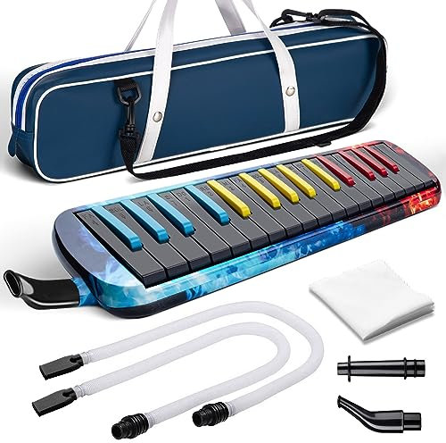 CAHAYA Instrumento de Música Melódica de 32 Teclas Portátil con Doble Tubo Largo Flexible de Plástico, Boquillas Cortas y Funda, Negro Iridiscente, CY0347