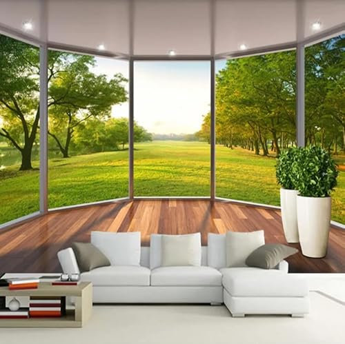 Französisches Fenster, grünes Gras, 3D-Fotowand, Tapete, Wohnzimmer, TV, Sofa, Hintergrund, Wandpapier für Wände 450CM(W)*315CM(H)