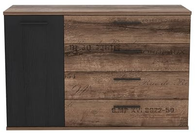 Forte JACKY Sideboard mit 4 Schubladen und 1 Tür, Holzwerkstoff, Script-Schlameiche/Schwarz Eiche, B x H x T: 124,9 x 83,1 x 41,3 cm