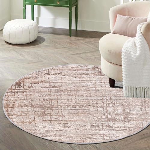 Mazovia Teppich Rund 120 cm - Kurzflor - Weich Teppich für Wohnzimmer Esszimmer - Abstraktes Vintage Beige Braun 120 x 120 cm