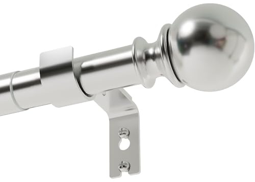 Curtain Poles for Eyelet Curtains Single Curtain Rod Silver Curtain Pole with Adjustable Brackets and Round Finials for Living Room, Bathroom, Bedroom（33-59inch, Silver）