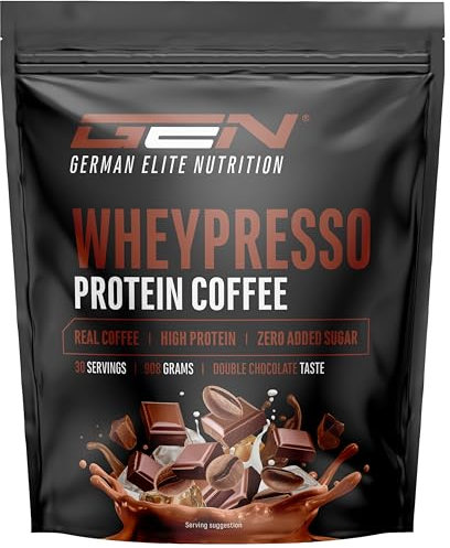 Wheypresso Protein Coffee - Poudre de protéine avec concentré de whey & isolat - Avec du vrai café & de la caféine - Boisson crémeuse à haute protéine - (908 g, Double Chocolate)