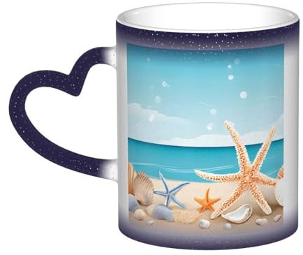 UUYHHGB (Seashells Sand) Farbwechsel-Tasse, wärmeempfindliche Tasse, farbwechselnde Kaffeetasse, lustiger Druck, Geschenk für Urlaub und Geburtstag, 325 ml