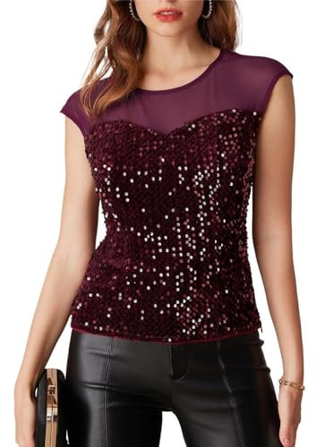 Glitzer Tops für Damen Mesh Rundhals Cap Ärmel Samt Velvet Bluse Pailletten Oberteil für Freizeit Party Club M Wein