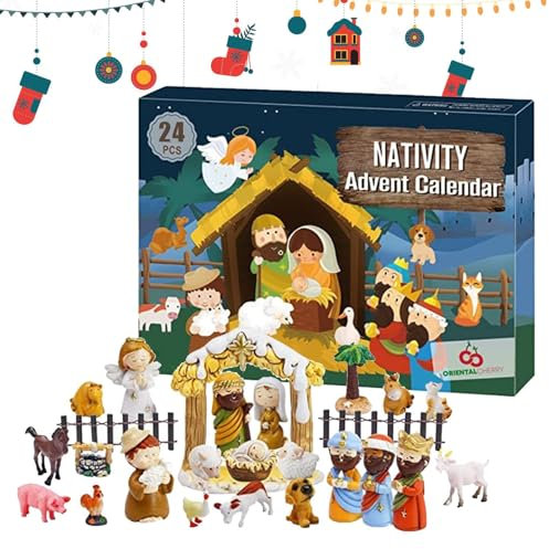 Weihnachts-Adventskalender 2024, Weihnachts-Countdown-Kalender 25 Tage | Christliche Krippen-Weihnachtskrippe Set für 25 Tage