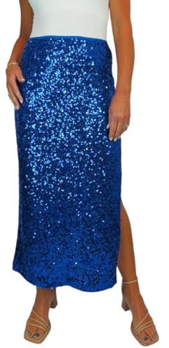 Paulo Due Women's Maxi Sequin Skirt, Side Leg Split Royal Blue (8-10) S