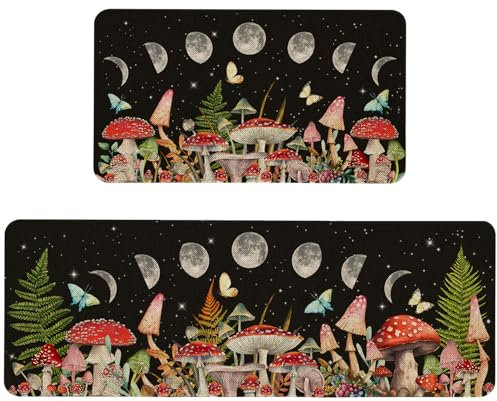 Farmhouse Pilz-Küchenmatten, rutschfest, Pilz-Teppich, Mond, Pilz, Heimdekoration, flaches Profil, waschbar, Bodenmatte, 43,2 x 129,2 cm und 43,2 x 73,2 cm, 2 Stück