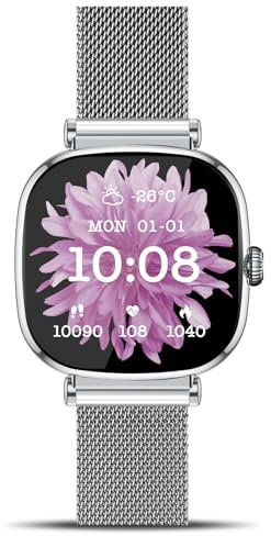 Marsyu Smartwatch Damen (37mm) 1.7 AMOLED Klein Square Elegant Fitnessuhr mit Telefonfunktion 24H Herzfrequenz/Stress, SpO2 Pulsuhr Schlafmonitor DIY Zifferblatt 100+ Sportmodi IP68 Sportuhr, Silber