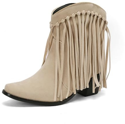 Stivaletti da Cowboy Western con Frange Tacco Largo Medio da Donna in Pelle Scamosciata Punta Quadrata Stivali da Cowgirl,Beige,37 EU