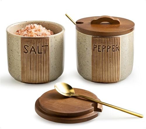 YHOJOY Ceramic Salt and Pepper Bowl, Salt Containers for Countertop, Salt and Pepper Cellar with Lid and Spoons, Beige