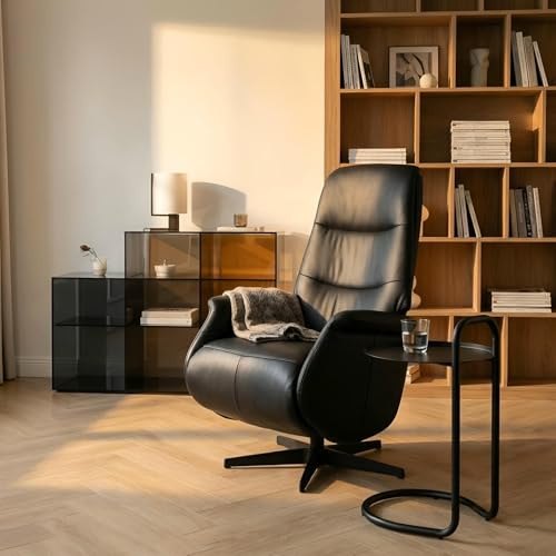 Furnhouse Delta Relaxsessel Schwarz – Manuell Verstellbarer Echtleder-TV-Sessel mit Liegefunktion, 360° Drehfunktion, Lederbezug, verstellbare Kopfstütze, ergonomischer Ruhesessel für Wohnzimmer