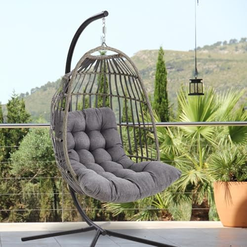 Der Hängekorb - Hängesessel mit Gestell, wetterfest inkl. Polster – Rattan Hängeschaukel für Garten & Indoor, Outdoor Schaukelsessel in Anthrazit