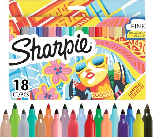 Sharpie Permanent Markers | Fine Point Colouring Pens | Assorted Colours | 18 Marker Pens