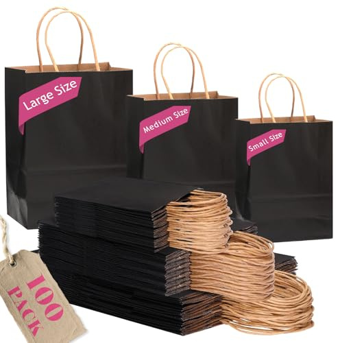 Gcardist Schwarze Papiertüten mit Henkeln, Großpackung mit 100 Stück in verschiedenen Größen (groß – 33 Stück, mittel – 33 Stück, klein – 34 Stück)