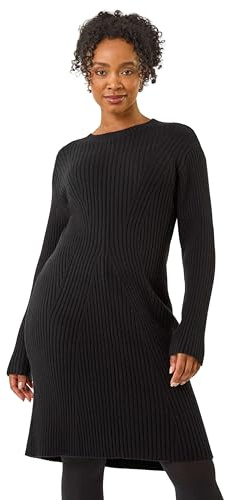 Roman Petite Ribbed Knitted Dress for Women UK - Ladies Everyday Autumn Winter Round Neckline Comfy Soft Evening Vacation Work Party Night Out
